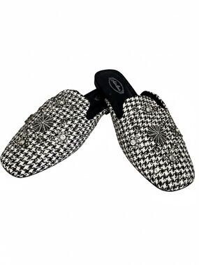 Embellished Black & White Houndstooth Slip-On Mules
